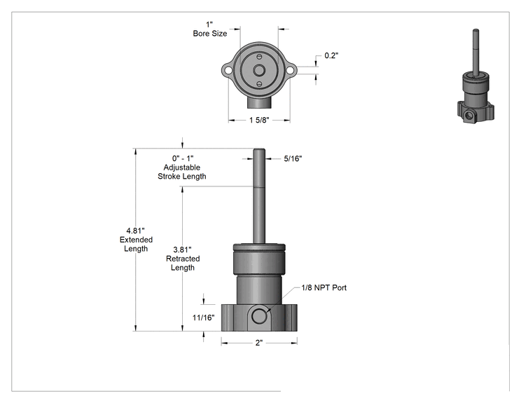 Teknik Çizim - Kısa Stroklu Sıkıştırma Hava Silindiri, Tek Etkili, Dikey Montaj, 1" Delik, 0" - 1" Strok Uzunluğu