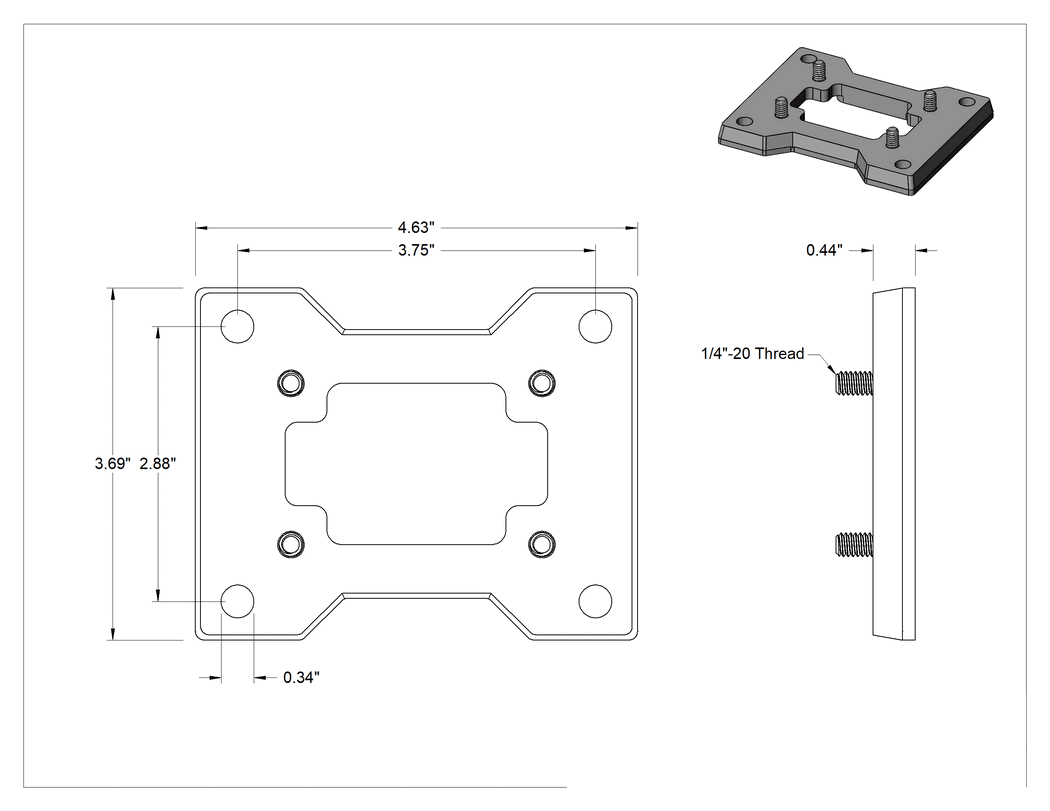 Teknik Çizim - 1" Merkezli Dik Açı Redüktör için 0.44" Kalınlığında Dişli Kutusu Montaj Parçası