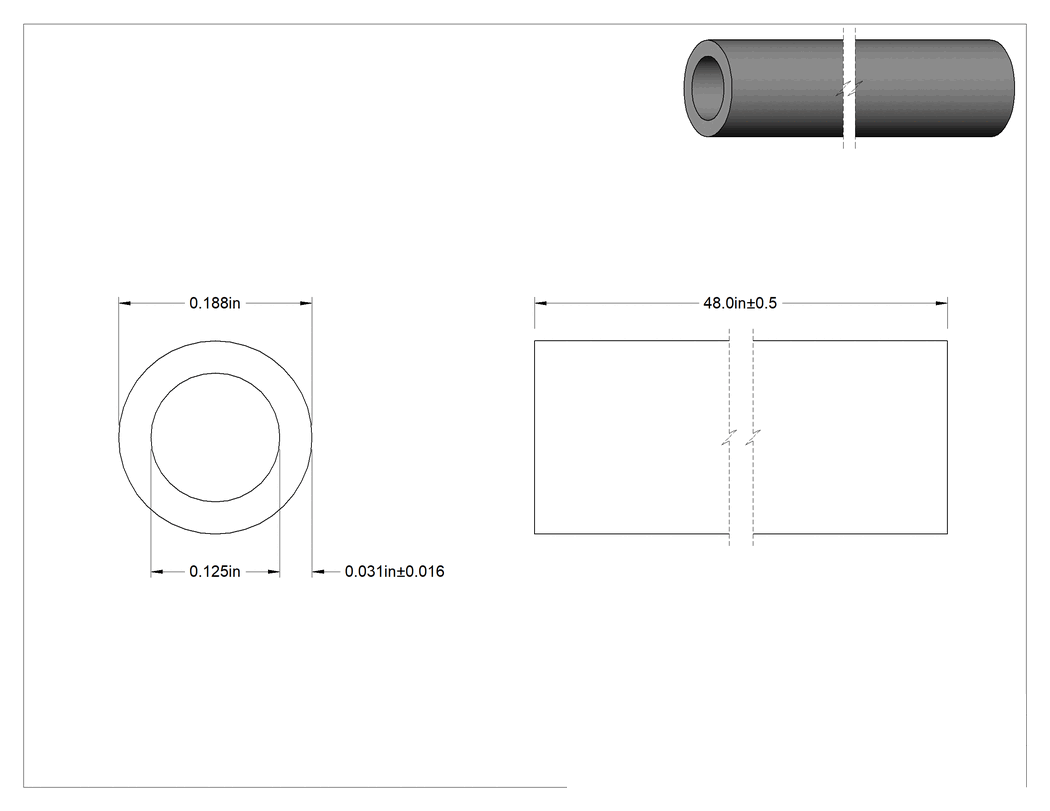 Teknik Çizim - Halogensiz Garolite G-10 Tüp, 1/32" Duvar Kalınlığı, 3/16" Dış Çap, 1/8" İç Çap, 48 inç Uzunluk