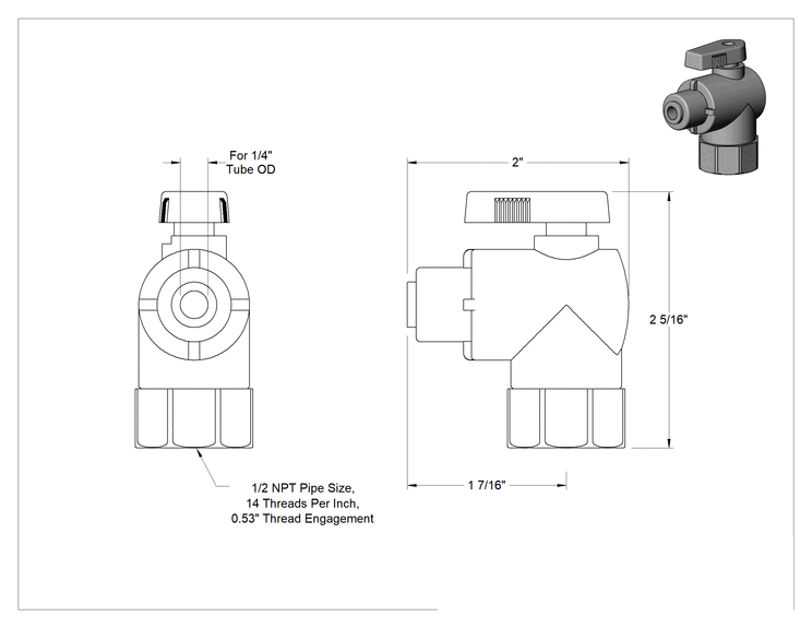 Teknik Çizim - Su için Kompakt PVC Açma/Kapama Dirsek Valfi, Küresel Vana, 1/2 NPT Dişi x 1/4" Boru Dış Çapı Push-Connect