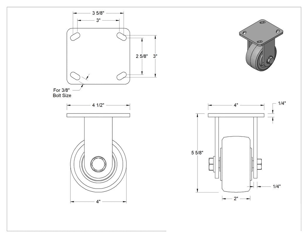 Teknik Çizim - Yüksek Kapasiteli Kingston Tekerlek, 4-1/2" x 4" Plaka, 4" Yeşil Poliüretan Tekerlek