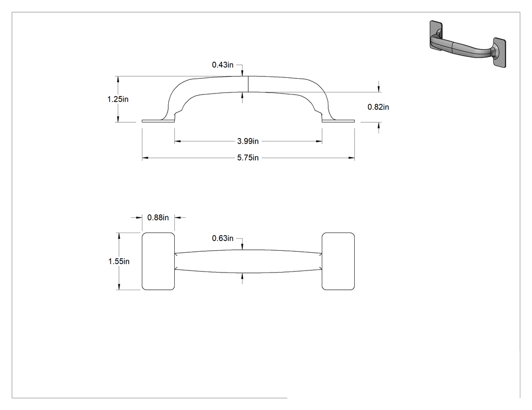 Teknik Çizim - 304 Paslanmaz Çelik Kaynaklı Çekme Kolu, 5-3/4" Genişlik