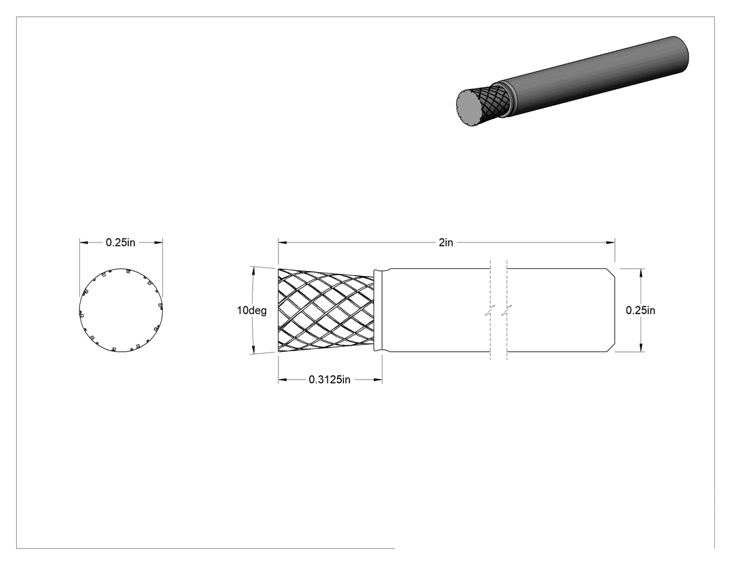 Teknik Çizim - 1/4" Çaplı Şaftlı Karbür Freze Ucu, Ters Konik, Anma Numarası, SN-1, Çift Kesimli Diş
