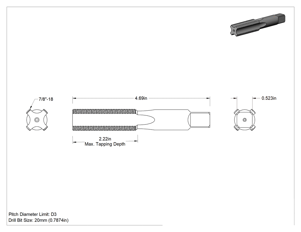 Teknik Çizim - Buji Kılavuzu, 7/8"-18 Diş Boyutu