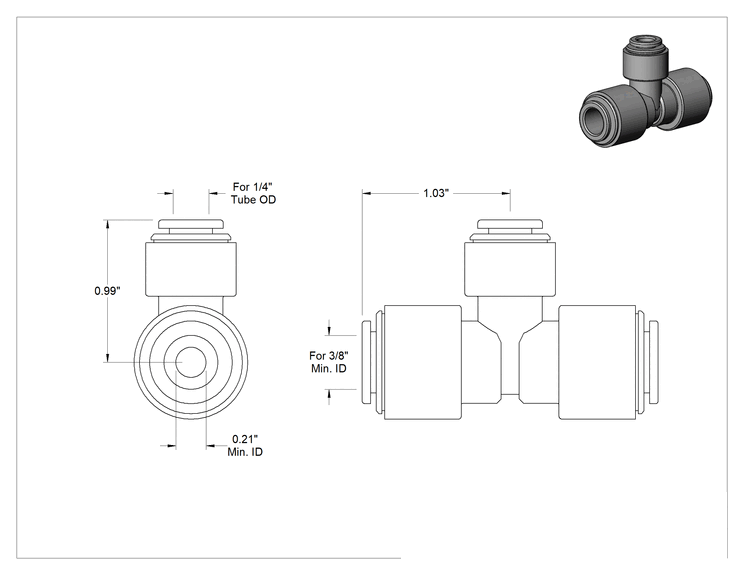 Teknik Çizim - Gıda ve İçecek için İt-Bağlantı Elemanı, 3/8" x 1/4" Dış Çaplı Boru için Hat Üstü T Redüktör, Siyah