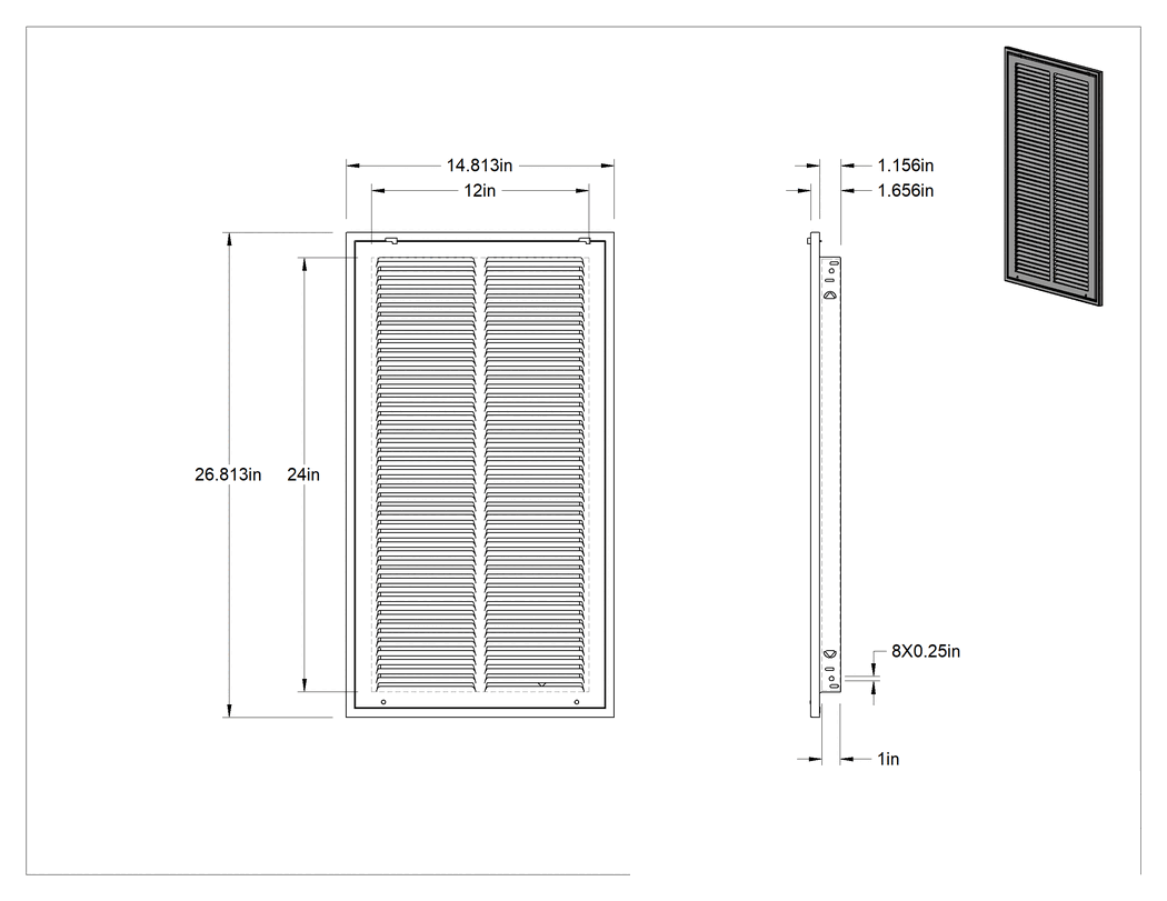 Teknik Çizim - Filtre Hazır Dönüş Izgarası, 24" x 12" Kanal için