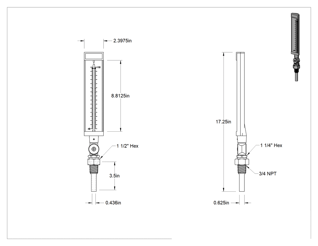 Teknik Çizim - Ayarlanabilir Açılı Hızlı Tepkili Termometre, NPT Dişli, Paslanmaz Çelik Termovell, 110°F Maksimum, 17-3/4" Yükseklik