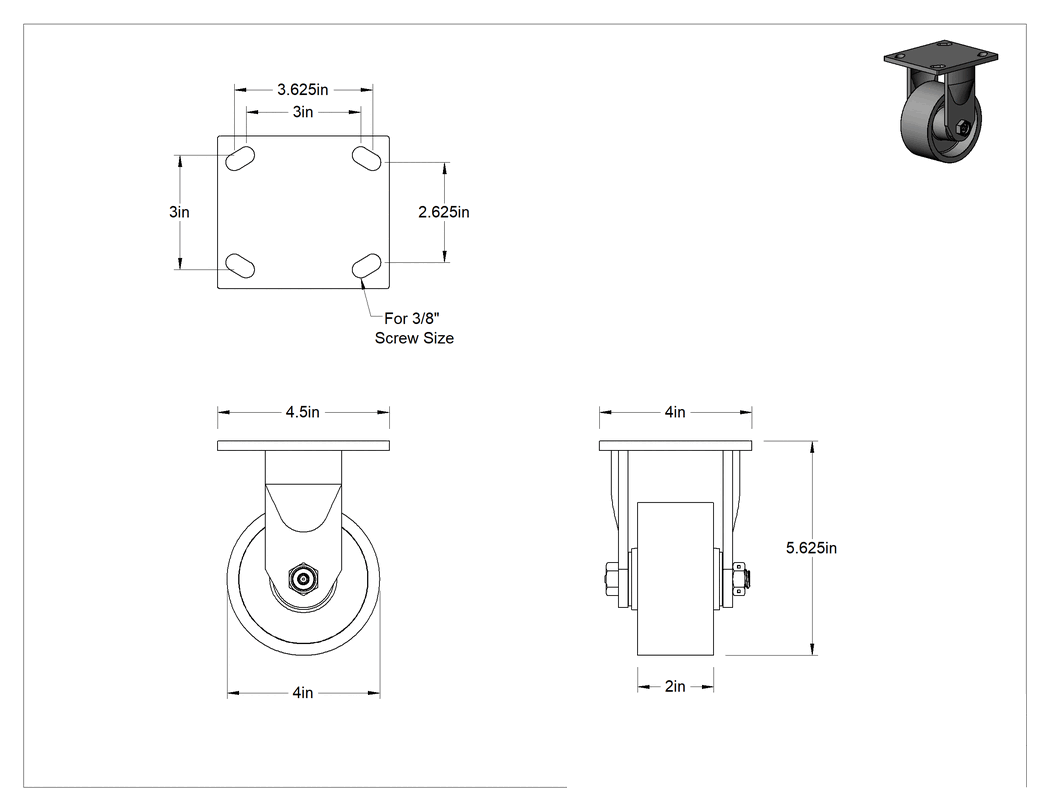 Teknik Çizim - 4-1/2" x 4" Plakalı Yüksek Kapasiteli Spartan Tekerlek, 4 inç Çapında Açık Rulmanlı Metal Tekerlekli Sert