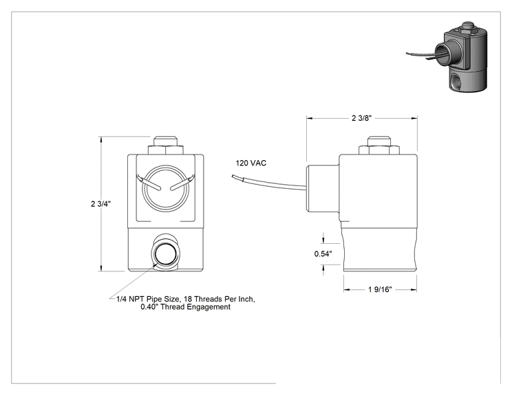 Teknik Çizim - Yüksek Basınçlı Kompakt Solenoid Açma/Kapama Valfi, 303 Paslanmaz Çelik, 120V AC, 1/4 NPT Dişi, 3000 maksimum PSI