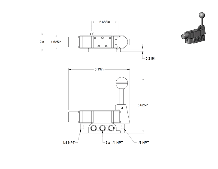 Teknik Çizim - İki Eylemli Hava Yön Kontrol Valfi, Tam Kapatmalı, Yaylı Geri Dönüş, 1/4 NPT, 45 scfm