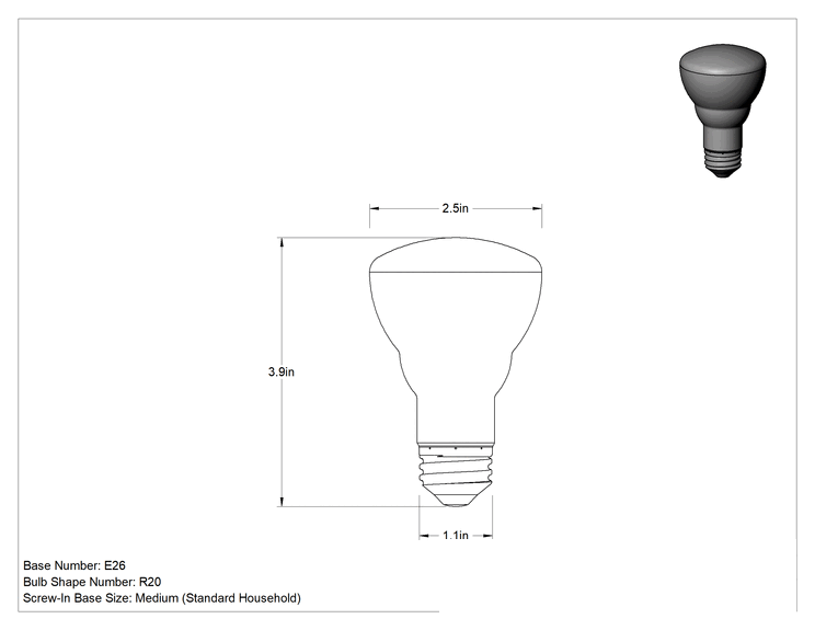 Teknik Çizim - Ampul, 45W, LED, R20, 110 Derece Kiriş Açısı, 3-7/8" Toplam Uzunluk
