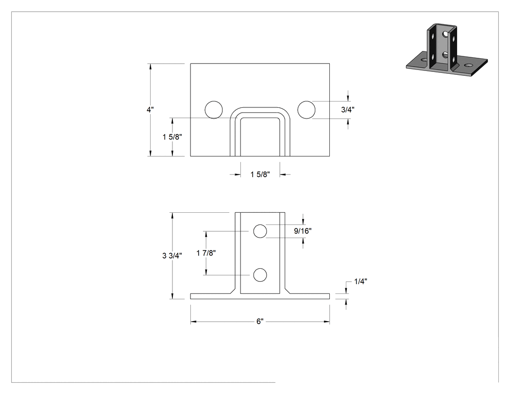 Teknik Çizim - Strut Kanalı Zemin Montajı, Standart Kanal için, Düz Direk, Galvanizli Çelik, 6 inç Uzunluk, 4" Genişlik