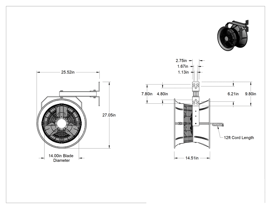 Teknik Çizim - Raf Montajlı Fan, 14" Bıçak Çapı