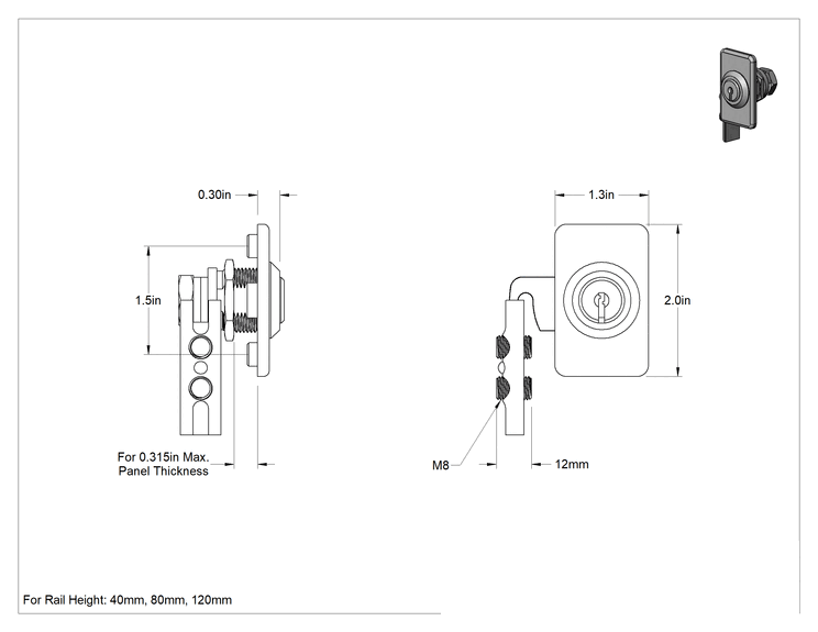 Teknik Çizim - T-Yivli Çerçeve, 40 mm Yüksekliğinde Ray için Ray-Panel Kam Kilidi, Sol Yönlü Montajı