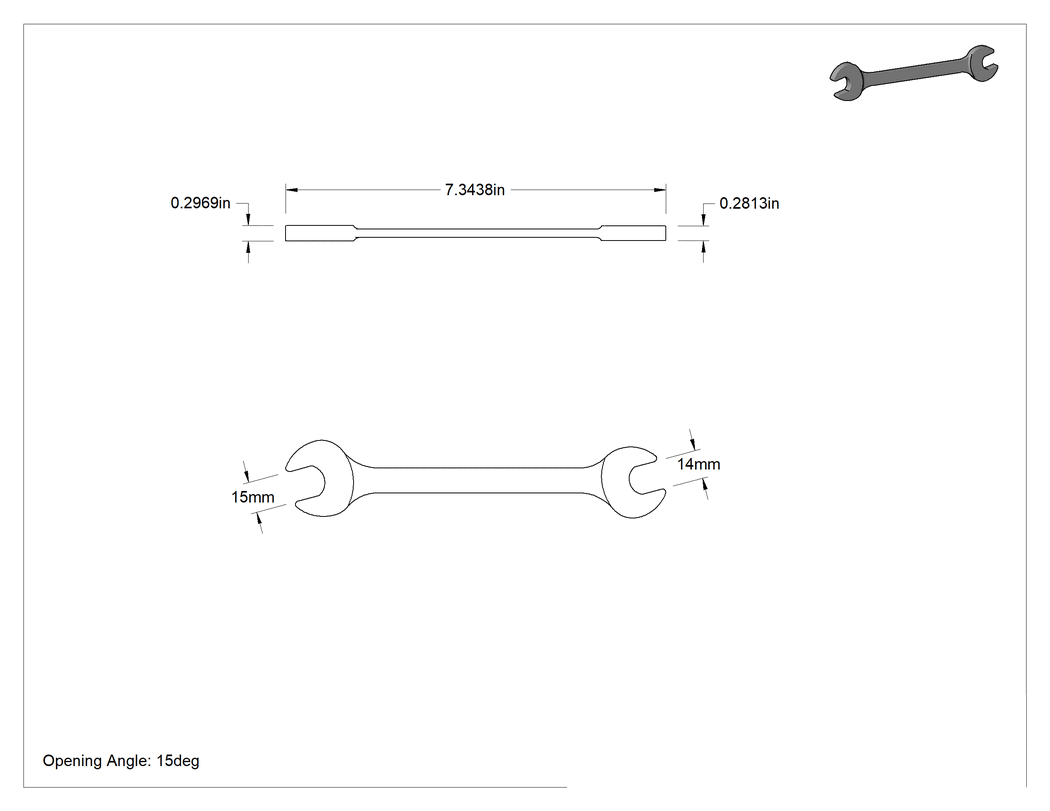 Teknik Çizim - Çift Açık Uçlu Anahtar, Parlak Krom Kaplama, 14 mm x 15 mm Boyut, 7-11/32" Uzunluk