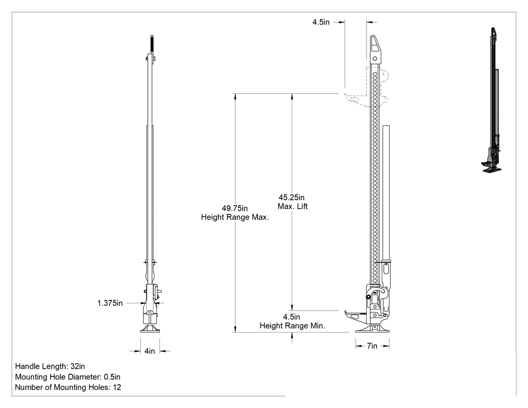 Teknik Çizim - Cırcırlı Kriko, 150 lbs. ila 2500 lbs. Kapasite