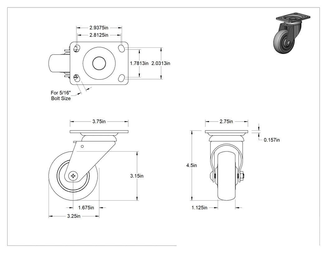 Teknik Çizim - 3-3/4" x 2-3/4" Plakalı Statik Kontrol Tekerlek, 3 inç x 1-1/8 inç Siyah Çekirdek Üzerine Kaplanmış Kauçuk Tekerlekli Döner Tekerlek