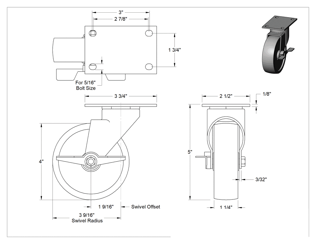 Teknik Çizim - Statik Kontrol Plakalı Tekerlek, Frenli Döner Tekerlek ve 4 inç Çapında x 1-1/4 inç Genişliğinde Siyah Katı Kauçuk Tekerlek