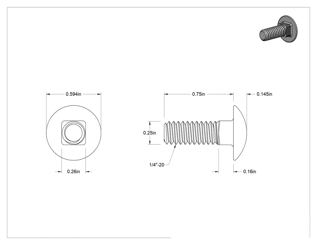 Teknik Çizim - Kare Boyunlu Taşıma Cıvatası, Düşük Mukavemetli Galvanizli Çelik, 1/4"-20 Diş, 3/4" Uzunluk