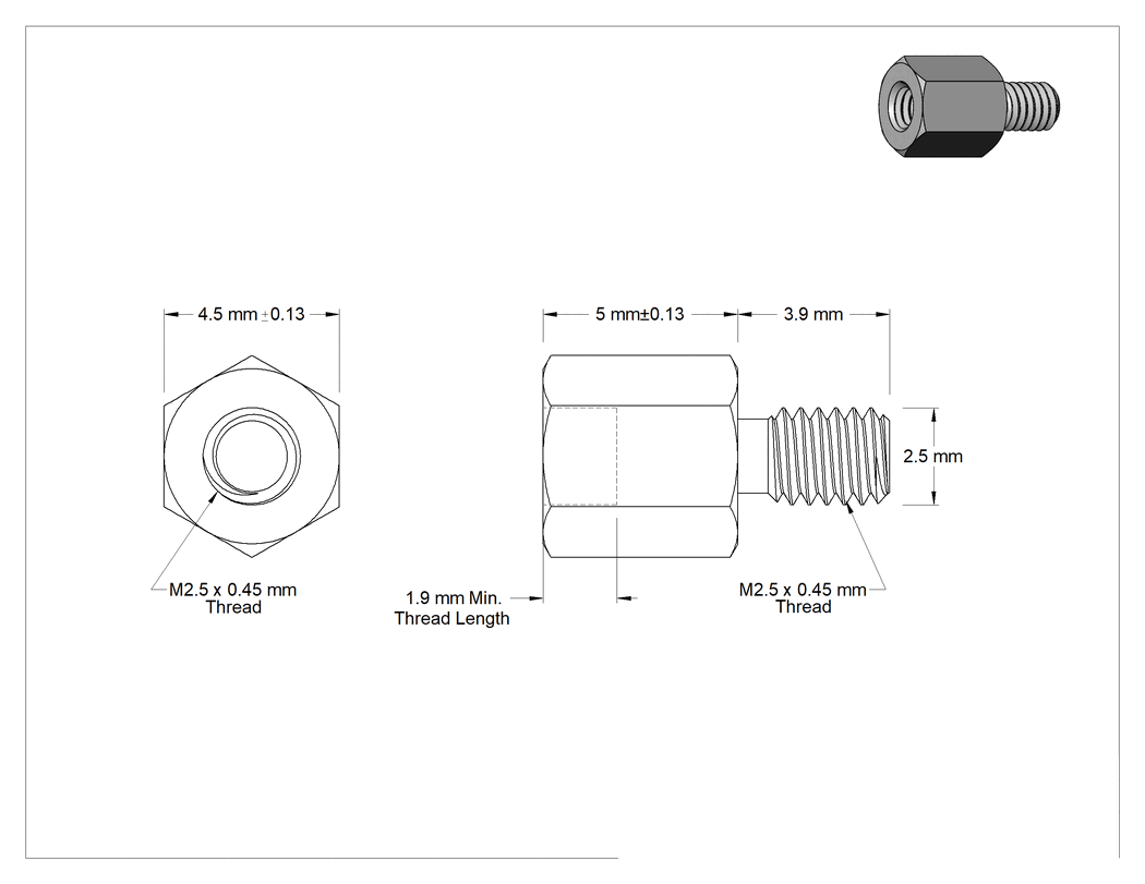 Teknik Çizim - Alüminyum Erkek-Dişi Dişli Altıgen Ayırıcı, 4.5 mm Altıgen, 5 mm Uzunluk, M2.5 x 0.45 mm Diş