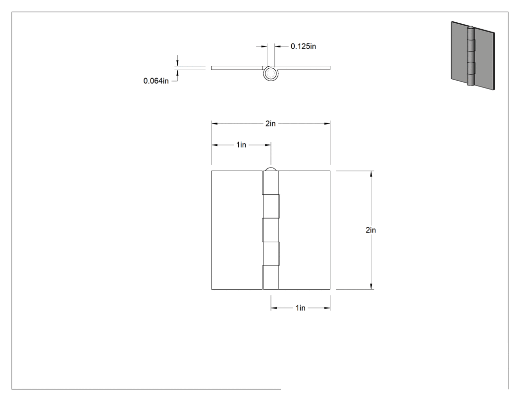 Teknik Çizim - Delikli Menteşe, Çıkarılabilir Pim, 2" x 1" Kapı Kanadı, 0.064" Yaprak Kalınlığı