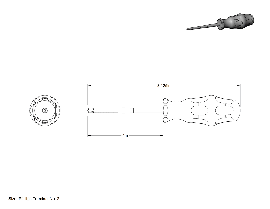 Teknik Çizim - Elektrik Yalıtımlı Tornavida, Numara 2 Phillips Terminal Vidası, 4" Uzunluk x 5/16" Genişlik Mil