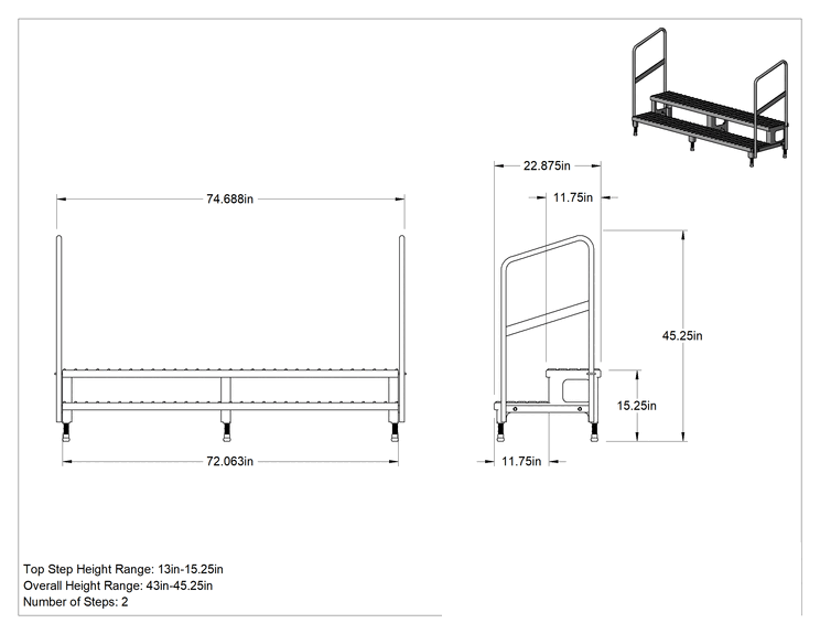 Teknik Çizim - Yüksekliği Ayarlanabilir Çalışma Platformu, 2 Basamak ve Korkuluk, 43"-45.25" Yükseklik x 73" Genişlik x 23" Derinlik Toplam