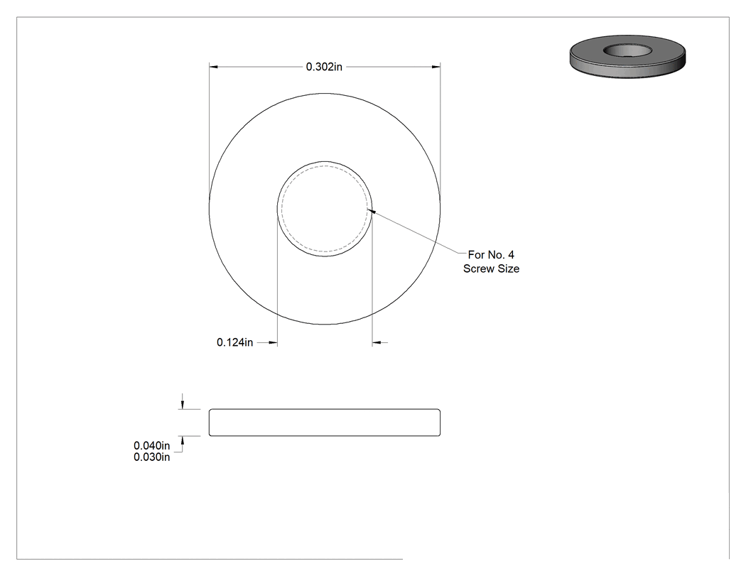 Teknik Çizim - Manyetik Pullar, 4 Numaralı Vida Boyutu için, 0.124" İç Çap, 0.302" Dış Çap