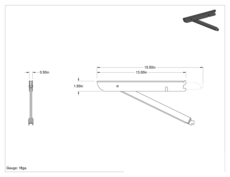 Teknik Çizim - 15-1/2" Derinlikli, Destekli Hızlı Montajlı Raf Braketi