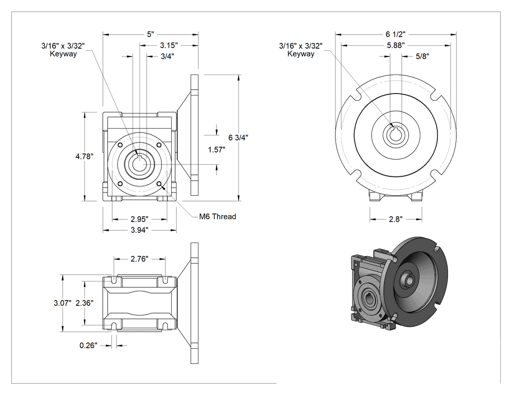 Teknik Çizim - Esnek Montajlı Dik Açı Redüktör, 5:1 Hız Oranı, 303 in.-lbs. @ 1750 rpm Tork