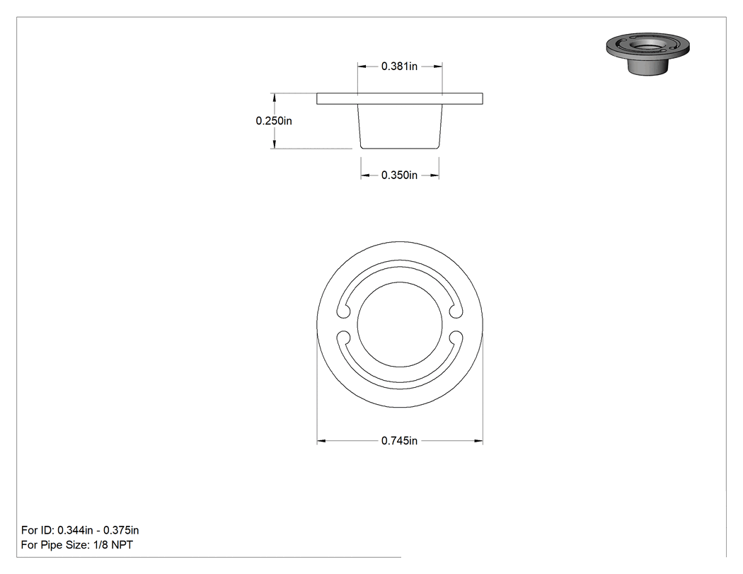 Teknik Çizim - Çekme Tırnağı Serbest Bırakma İçi Boş Tapalar, 1/8 NPT Boru Boyutu için