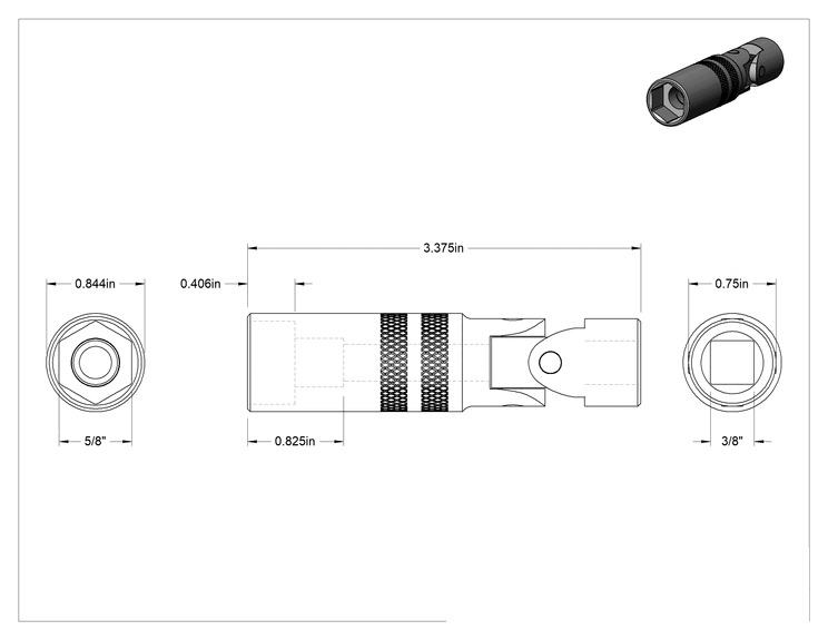 Teknik Çizim - Esnek Buji Soketi, 3/8" Kare Tahrik, 5/8" Boyut