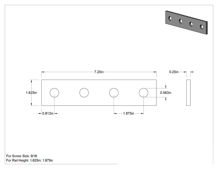 Teknik Çizim - 7.25" Uzunluk Cıvatalı Çerçeveleme için Uzatılmış Düz Yüzey Braketi