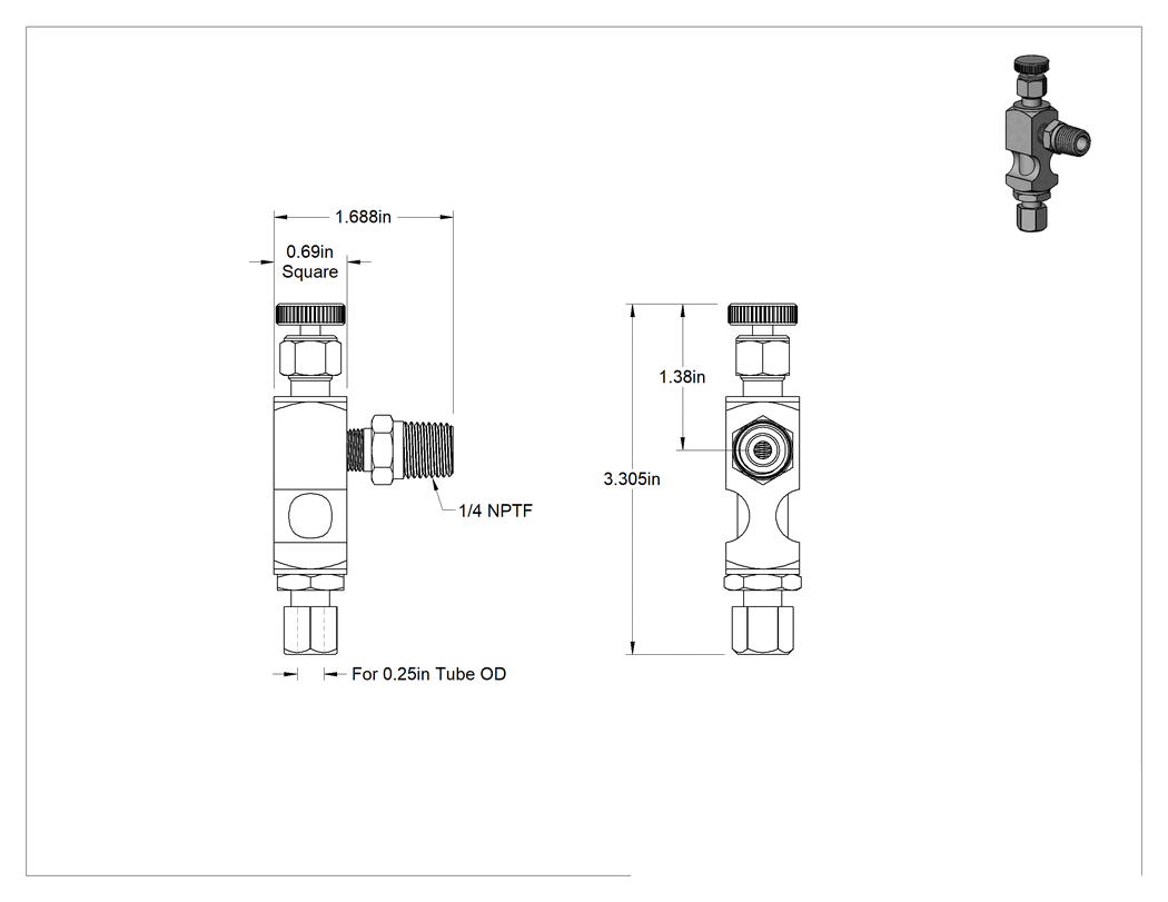Teknik Çizim - Akış Ayar Valfi, Bir adet 1/4 NPTF Erkek Girişli