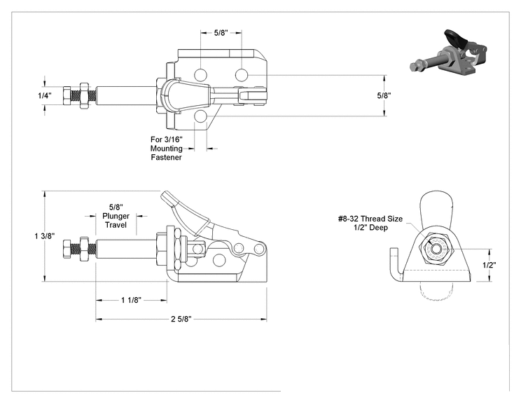 Teknik Çizim - İt/Çek Mandal Kelepçe, Kompakt, 18-8 Paslanmaz Çelik, 150 lbs. Kapasite, 1-1/8" Uzunluğunda Piston