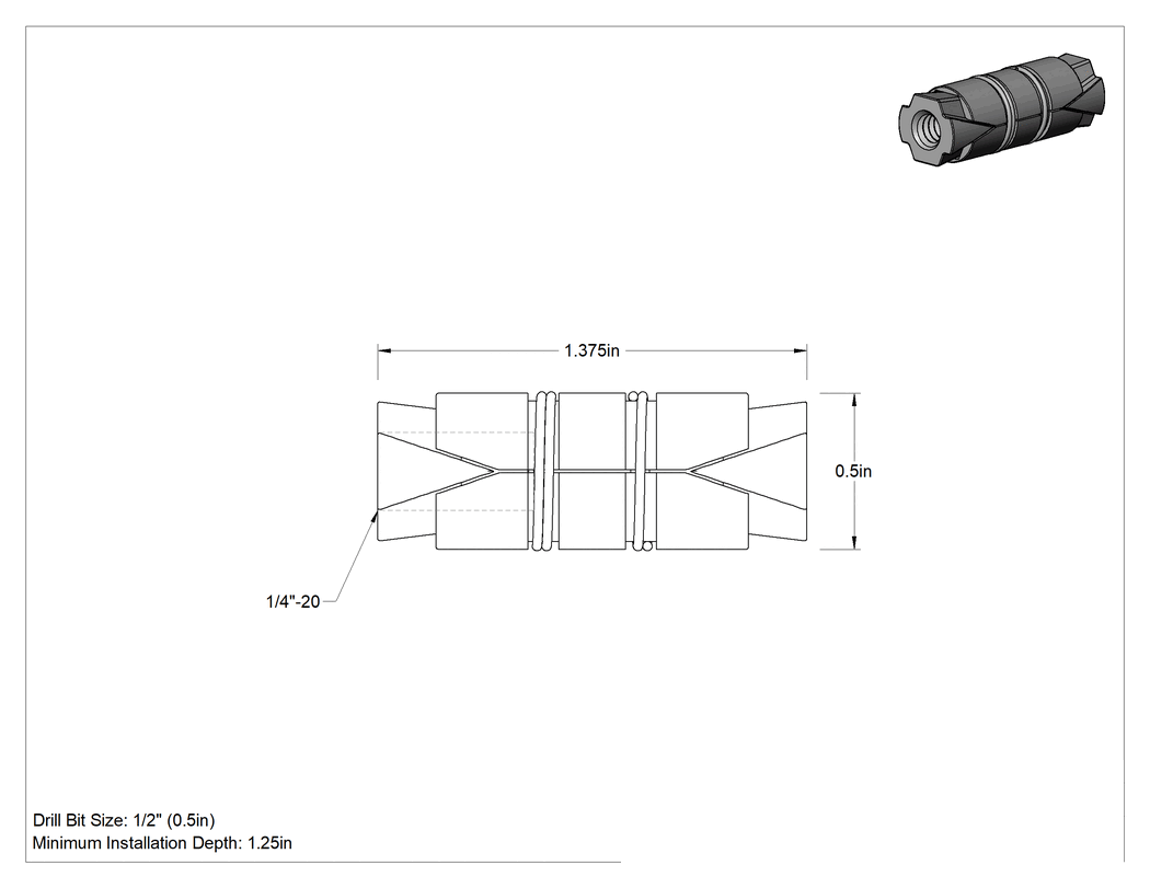 Teknik Çizim - Blok ve Tuğla için Dişi Dişli Ankraj, 1/4"-20 Diş Boyutu
