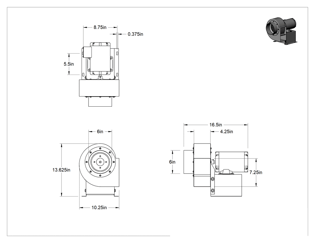 Teknik Çizim - Üfleyici, 120/230V AC, 1/4 hp