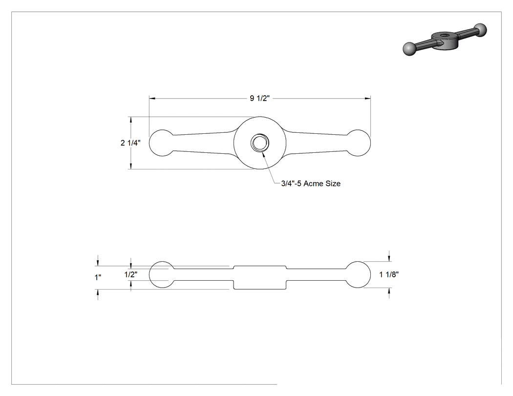 Teknik Çizim - Acme Sağ Yönlü Tutacağı, Top Sapı, 3/4"-5 Diş Boyutu