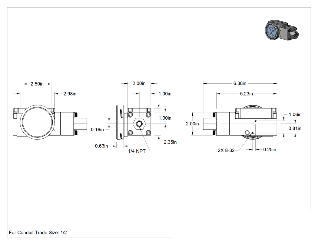 Teknik Çizim - Kadranlı Diferansiyel Basınç Şalteri, Sıvılar için, 1/4 NPT Dişi, 0-25 inç H2O Ayar Noktası
