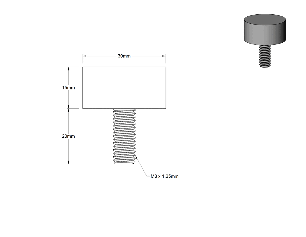 Teknik Çizim - Yük Kapasiteli Takviyeli Doğal Kauçuk Tampon, Çelik Taban Plakası ve M8 x 1.25 mm Saplama, 15 mm Yükseklik, 220 lb. Maksimum