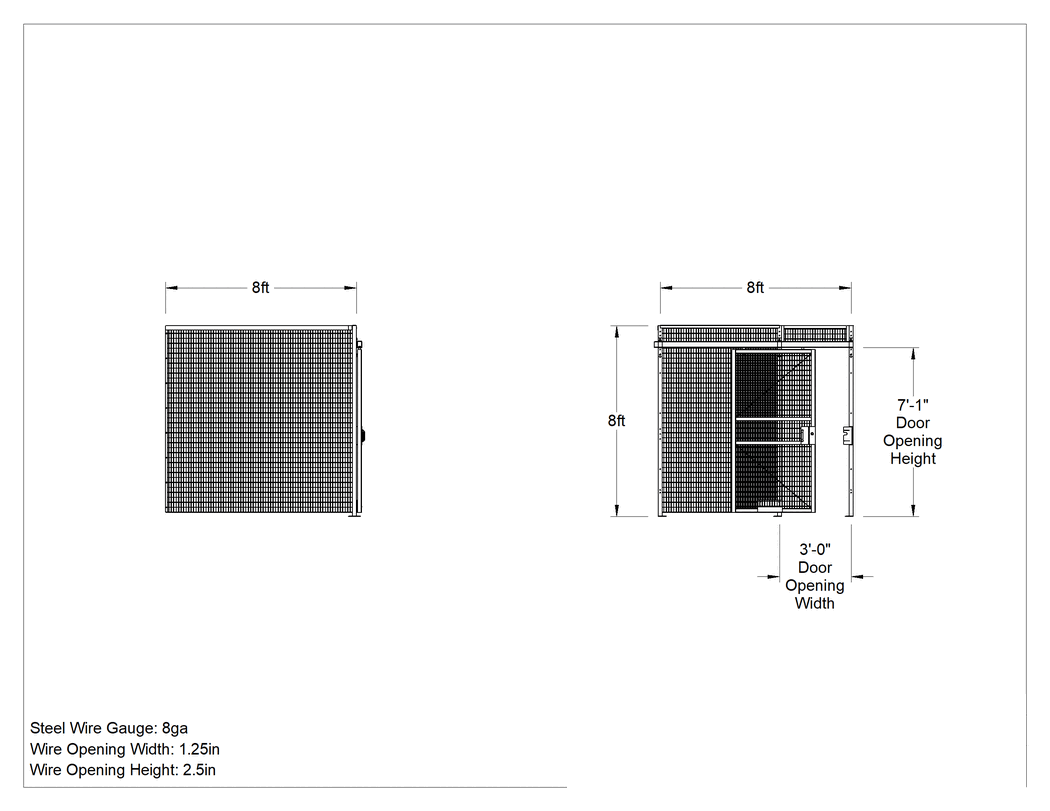 Teknik Çizim - Tel Bölme, 2 Yan, 8 Fit Genişlik x 8 Fit Yükseklik x 8 Fit Derinlik Toplam