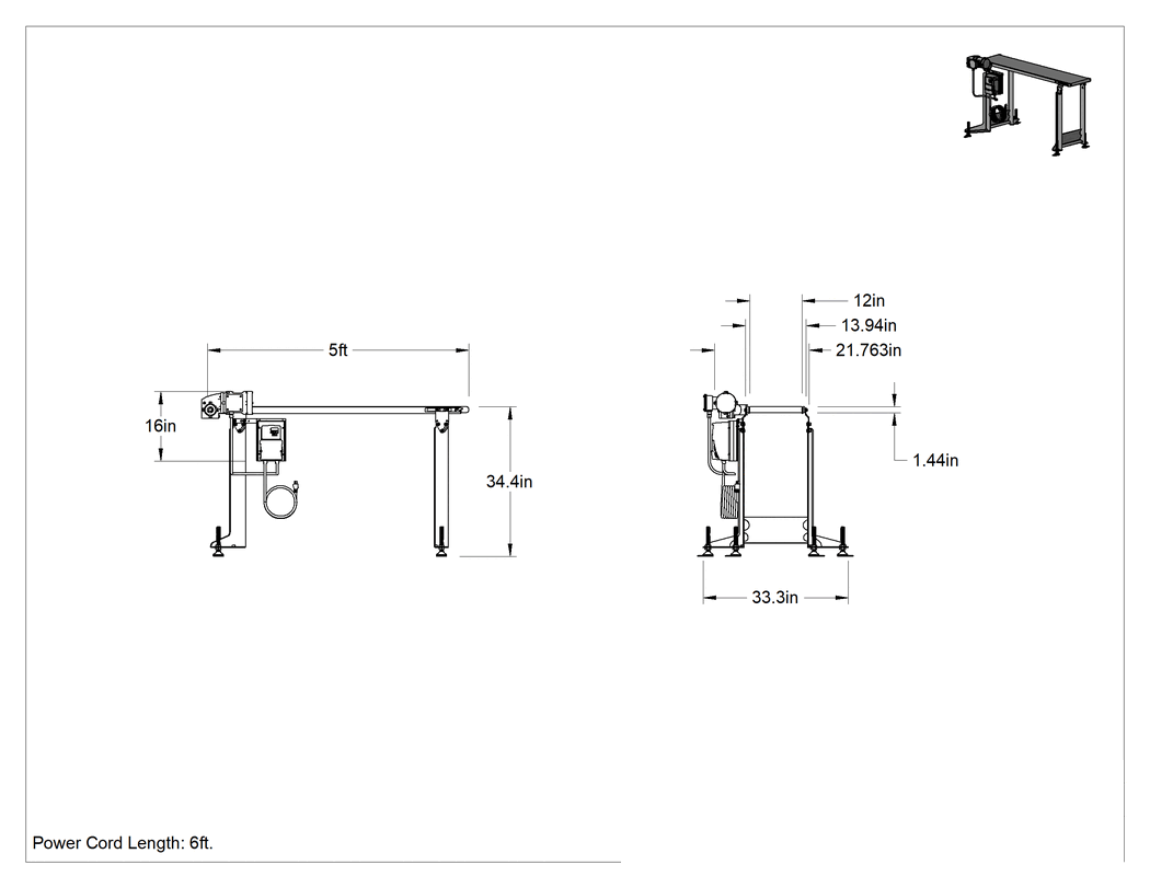 Teknik Çizim - Kullanıma Hazır Paslanmaz Çelik Mini Bantlı Konveyör, 5 Fit Uzunluk