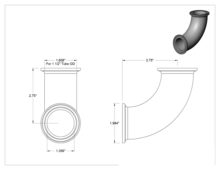 Teknik Çizim - Paslanmaz Çelik Borular için Plastik Hızlı Kelepçeli Hijyenik Bağlantı Elemanları, Paslanmaz Çelik Boru için, 1-1/2" Boru Dış Çapı için 90 Derece Dirsek