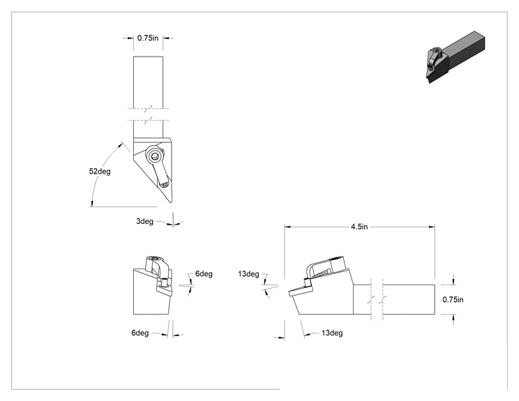 Teknik Çizim - Döner Karbür Uç Tutucu, MVJN, Sağ Yönlü, 3/8" iç çember çapı için, 3/4" Şaft Genişliği