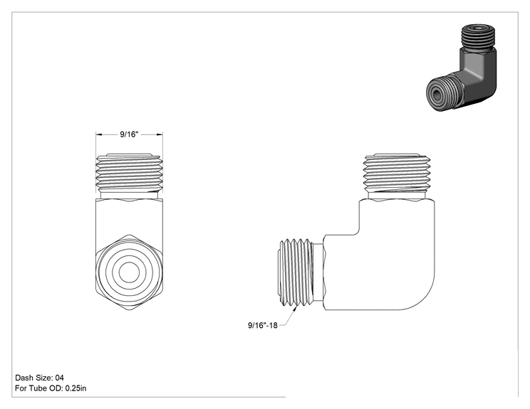 Teknik Çizim - O-Ring Yüz Contalı Bağlantı Parçası, 1/4" Dış Çaplı Boru için 90 Derece Dirsek