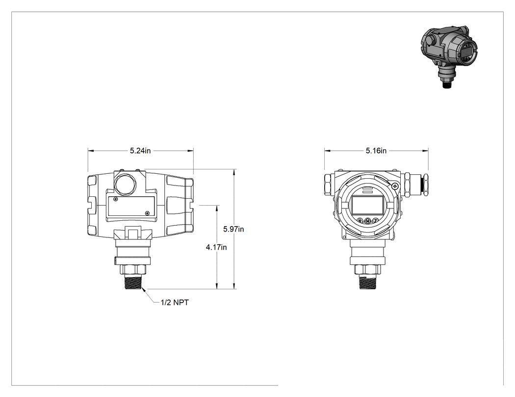 Teknik Çizim - Tehlikeli Ortamlar için Kolay Kurulumlu Basınç Transmitteri, 4-20 mA Çıkış, 0-1500 PSI