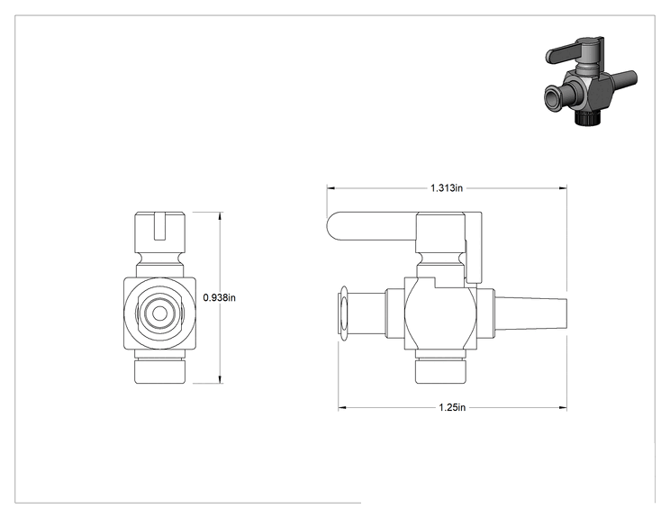 Teknik Çizim - Luer-Lock Bağlantı Parçaları ile Açma/Kapama Vanası, Nikel Kaplı Pirinç Gövde, Erkek x Dişi