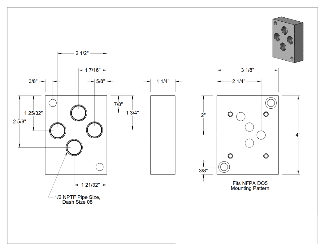Teknik Çizim - D0, 5 NFPA Vana Montaj Bloğu, 1 İstasyon, NPTF