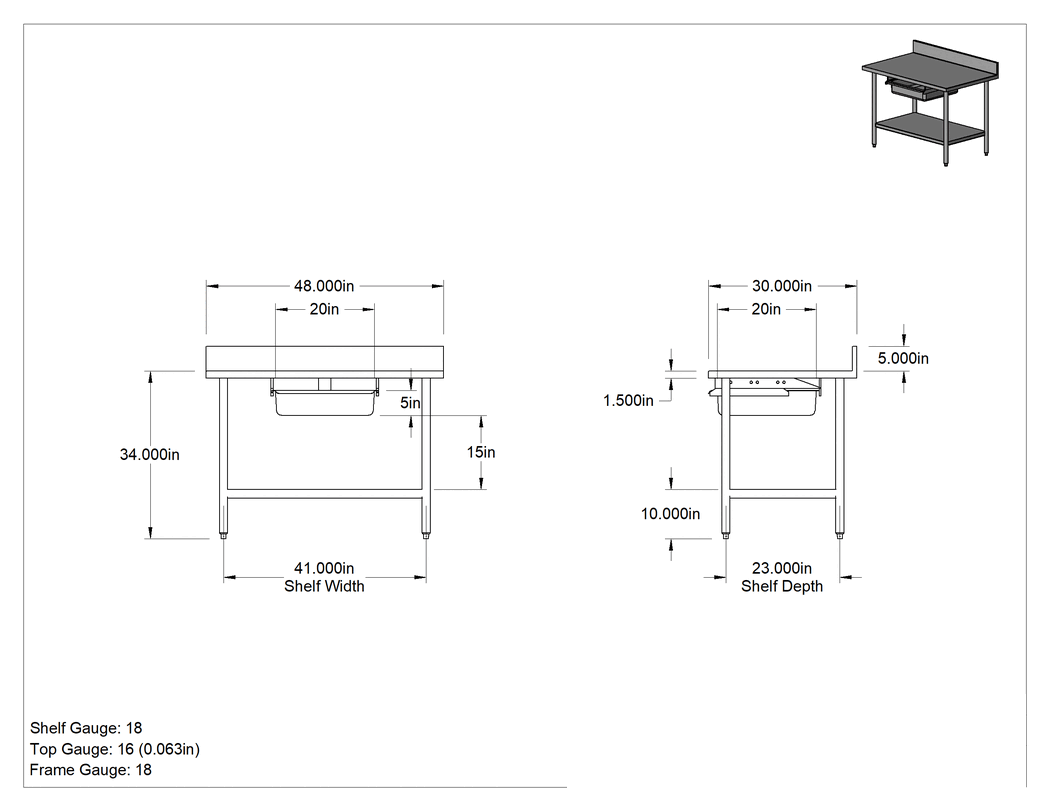 Teknik Çizim - Paslanmaz Çelik Masa, Raflı ve Tek Çekmeceli, Sabit, 48" Genişlik x 30" Derinlik