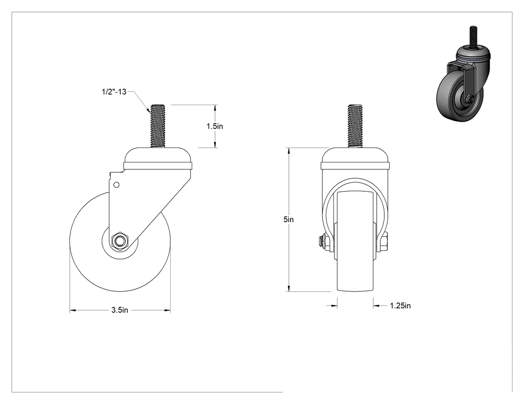 Teknik Çizim - Paslanma ve Aşınmaya Dayanıklı Dişli Saplı Döner Tekerlek, 1/2"-13 Dişli ve 3-1/2" Çaplı Polipropilen Tekerlek